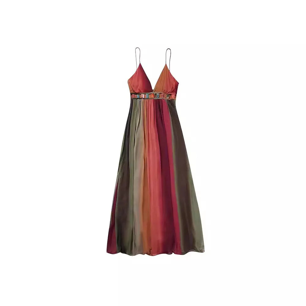 Deep V Neck Dresses for Women Sexy High Waisted Y2k Lady Elegant Party Elegant Printed Pleated Sleeveless Vacation Robes