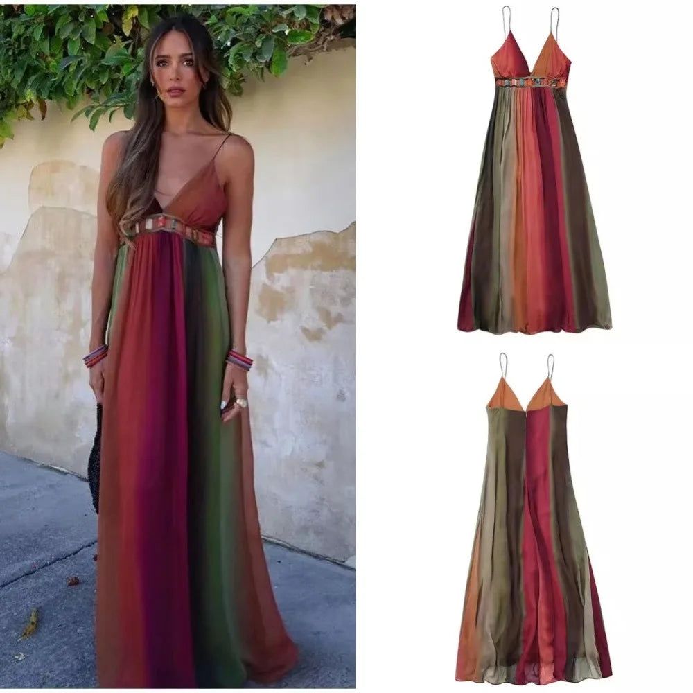 Deep V Neck Dresses for Women Sexy High Waisted Y2k Lady Elegant Party Elegant Printed Pleated Sleeveless Vacation Robes