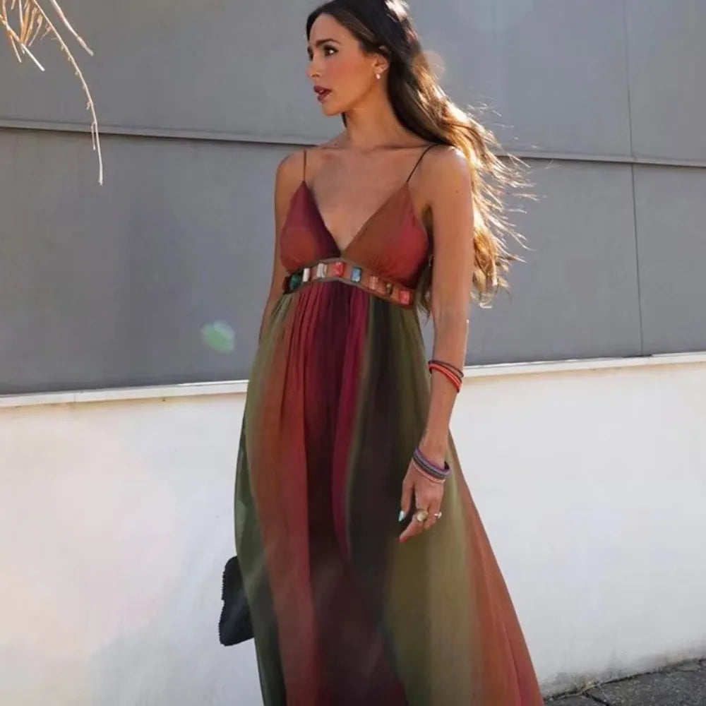 Deep V Neck Dresses for Women Sexy High Waisted Y2k Lady Elegant Party Elegant Printed Pleated Sleeveless Vacation Robes