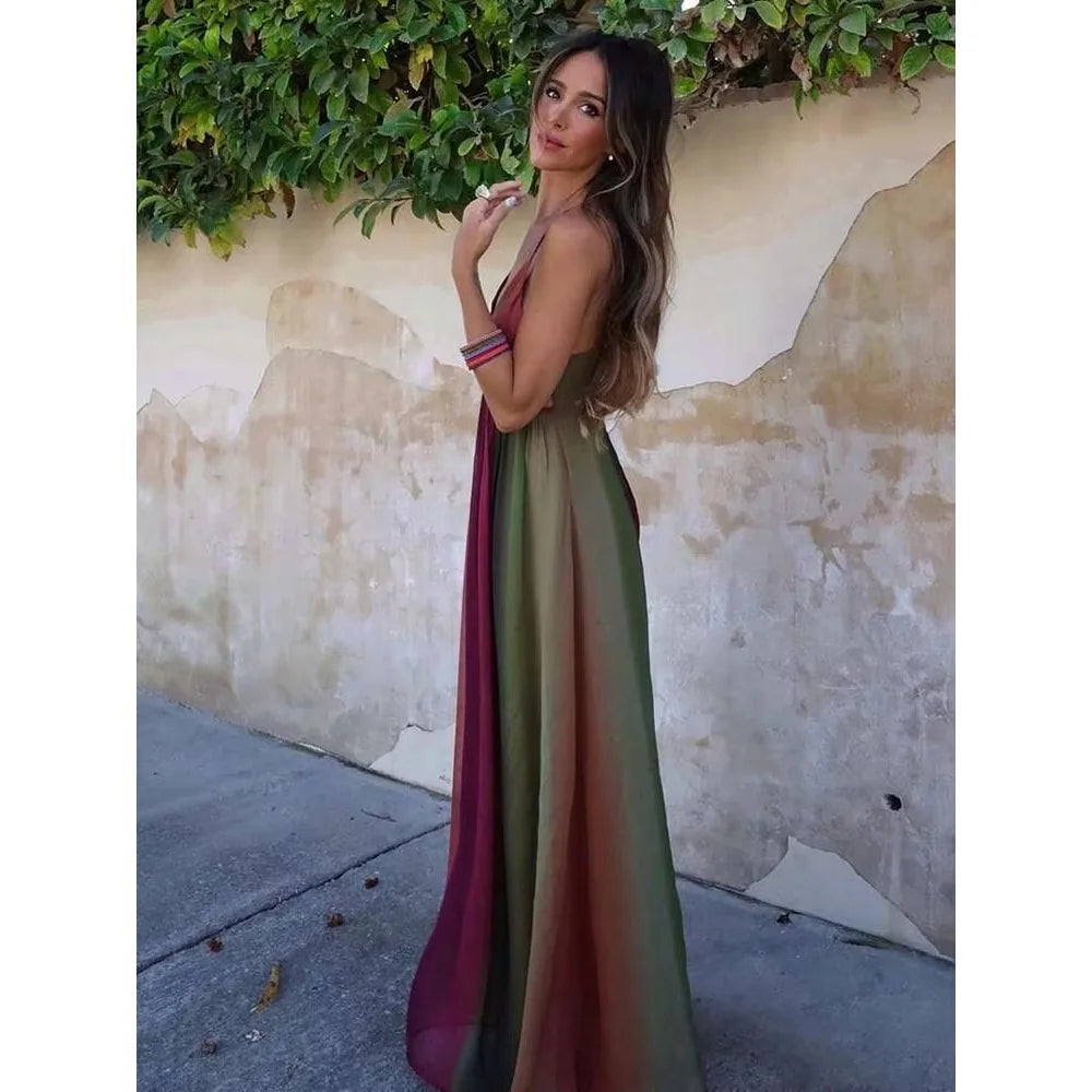 Deep V Neck Dresses for Women Sexy High Waisted Y2k Lady Elegant Party Elegant Printed Pleated Sleeveless Vacation Robes