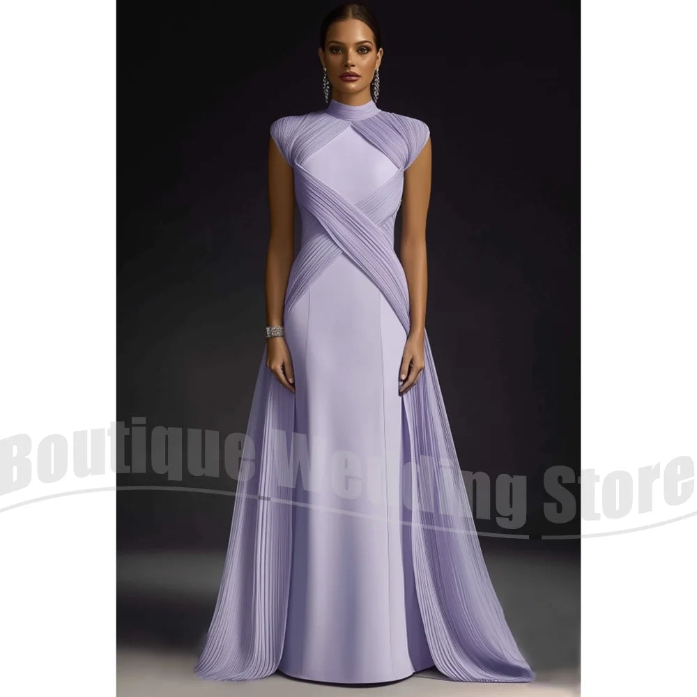 Evening Dresses for Women Fashion Pleated Draped Prom Gowns Slim Elegant High Collar Sleeveless Floor Length Party Dresses